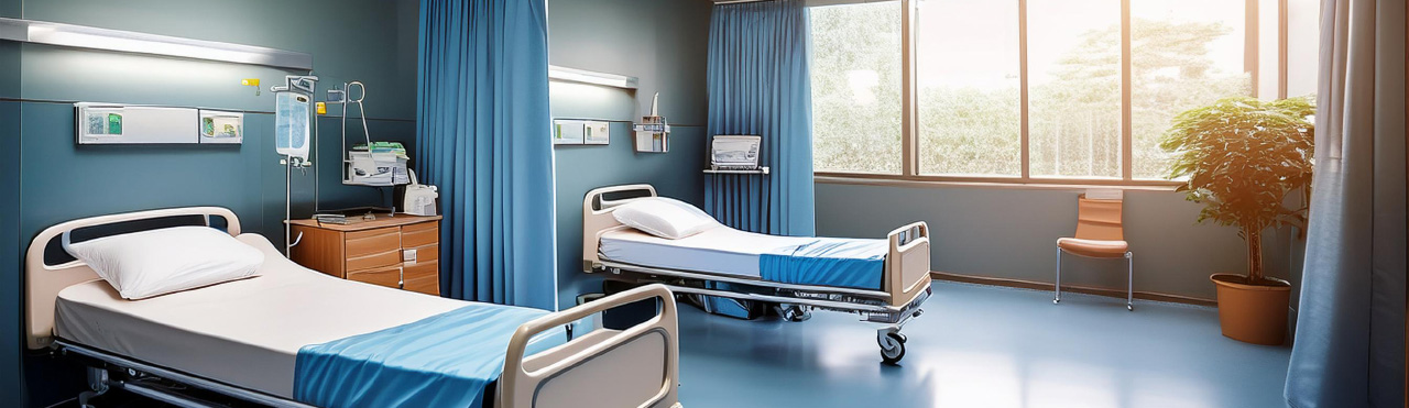 une chambre d'hôpital vide avec deux lits.