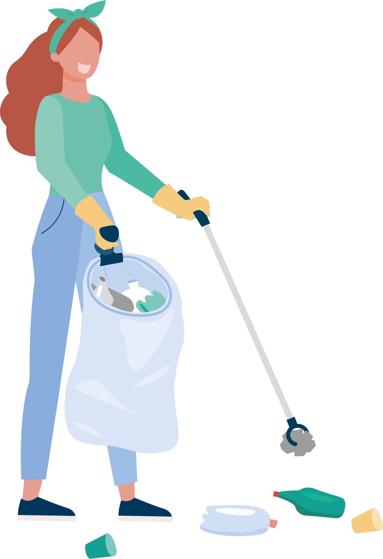 Illustration of a woman picking up waste