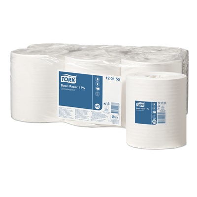 T120155: Tork Basic Paper Centerfeed Roll - 1 plis - 300 m x 21 cm - BLANC - 6 rouleaux - 120155